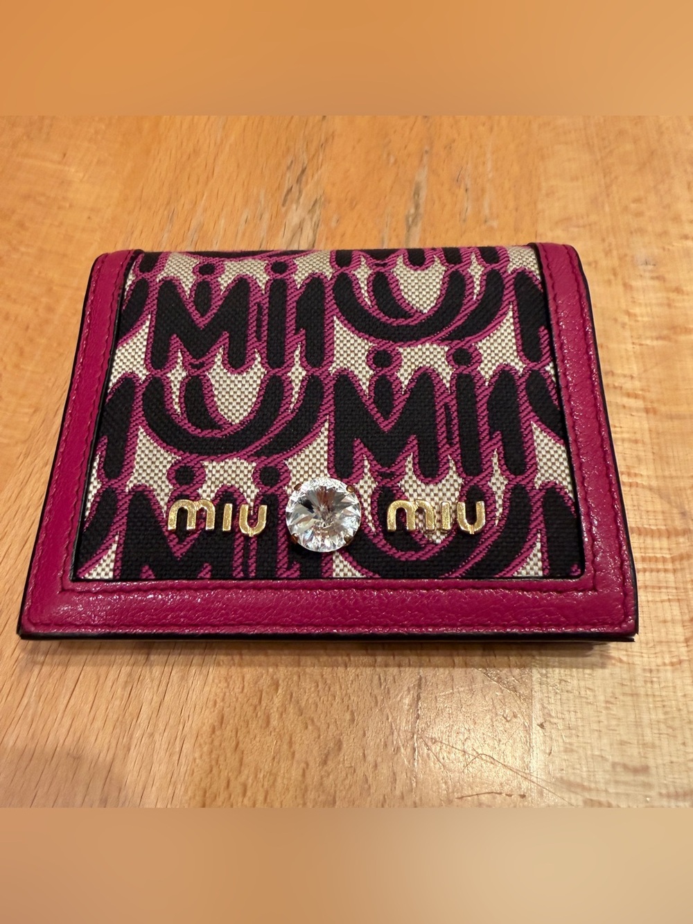 Miu Miu Fuchsia and Black Logo Compact Wallet with Crystal Accent COA